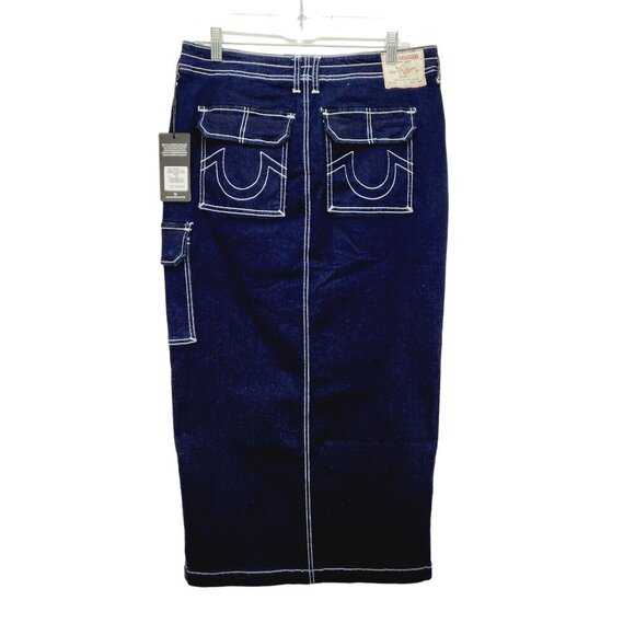 True Religion Rinse Dark Blue Denim Long Cargo Utility Skirt NWT Womens Size 29 - Picture 14 of 14